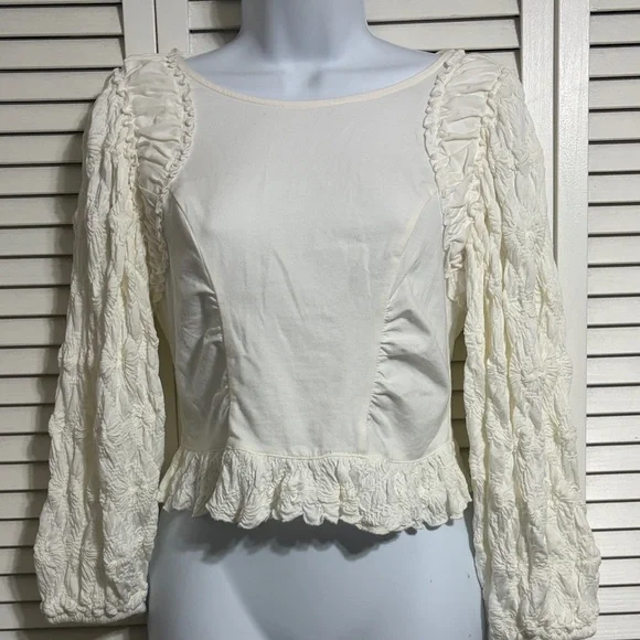 Free People Oliva Cream Ruffle-Trim Long Sleeve Blouse - Picture 1 of 11